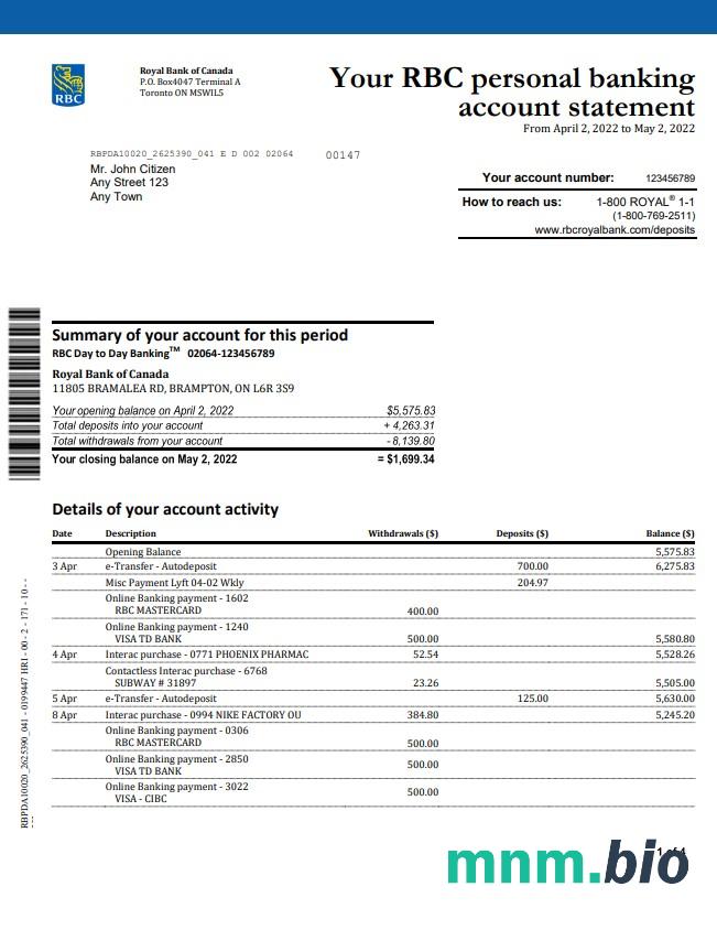 Canada Royal Bank of Canada (RBC) szablon wyciągu bankowego w .xls i .format pliku pdf (4 strony) (AutoSum)